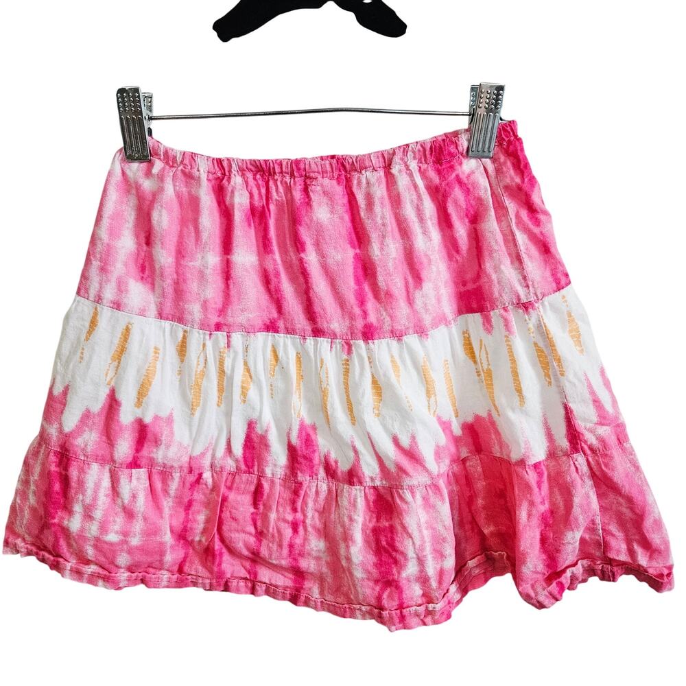 I ❤️ Energies Tiered Tie Dye Mini Skirt Pink Yellow 100% Cotton Vacation Hippie